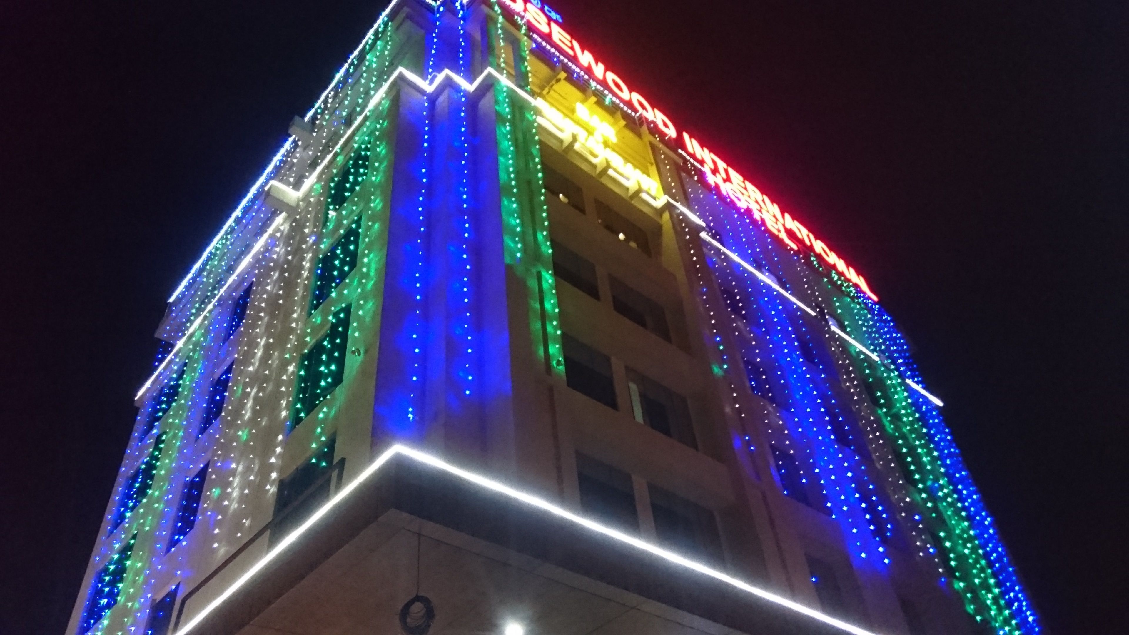 A building with colorful LED lights.