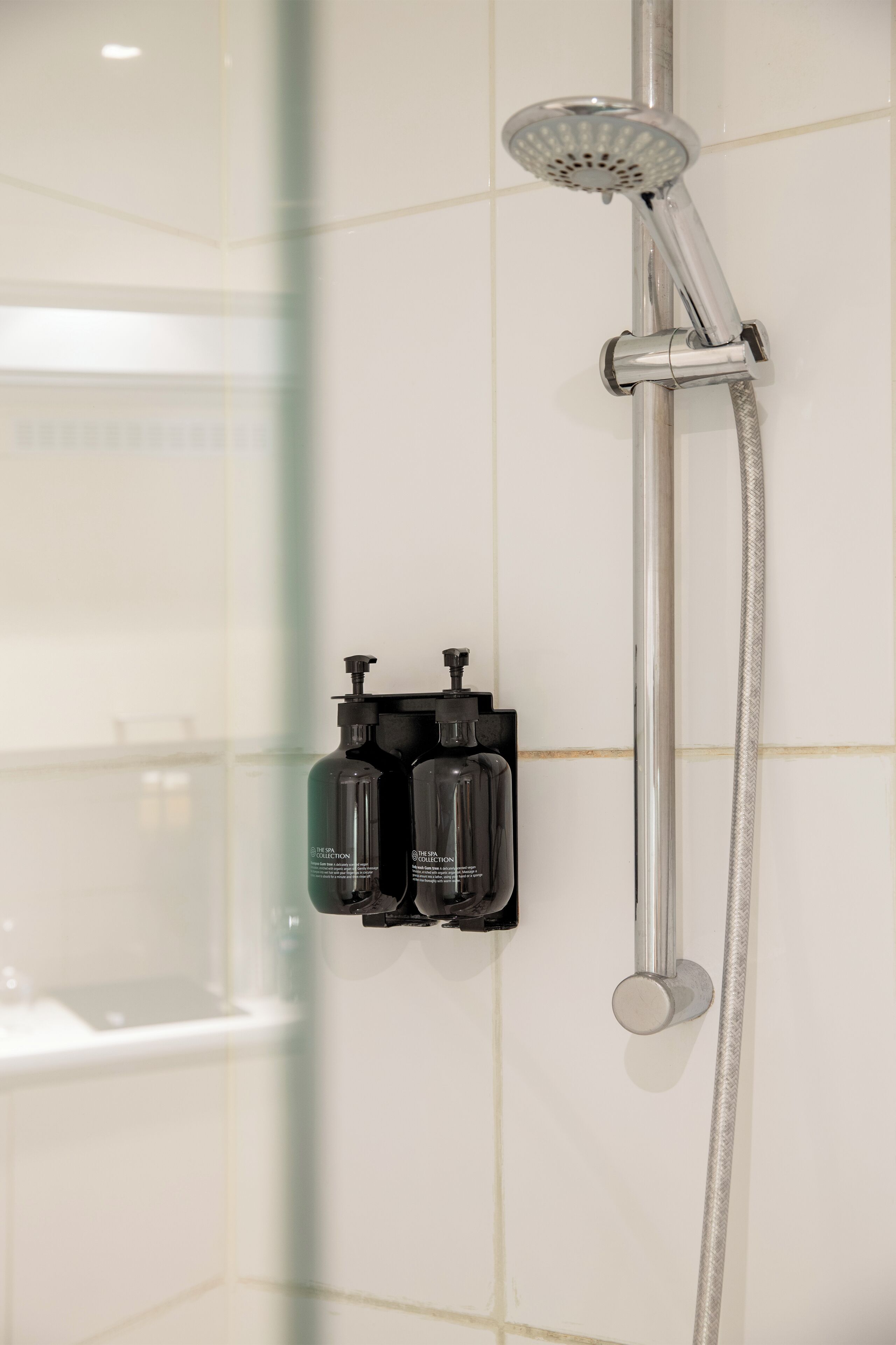 combined shower/bathtub, free toiletries, towels