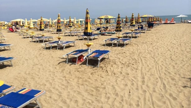 A beach with rows of sun loungers and umbrellas.