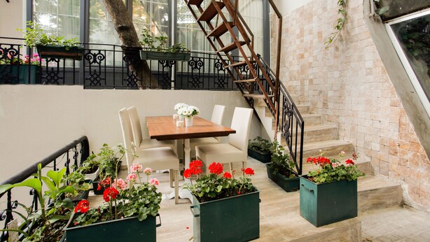 A dining area with a wooden table and chairs, surrounded by potted plants and flowers. - The Loft Istanbul (Istanbul)