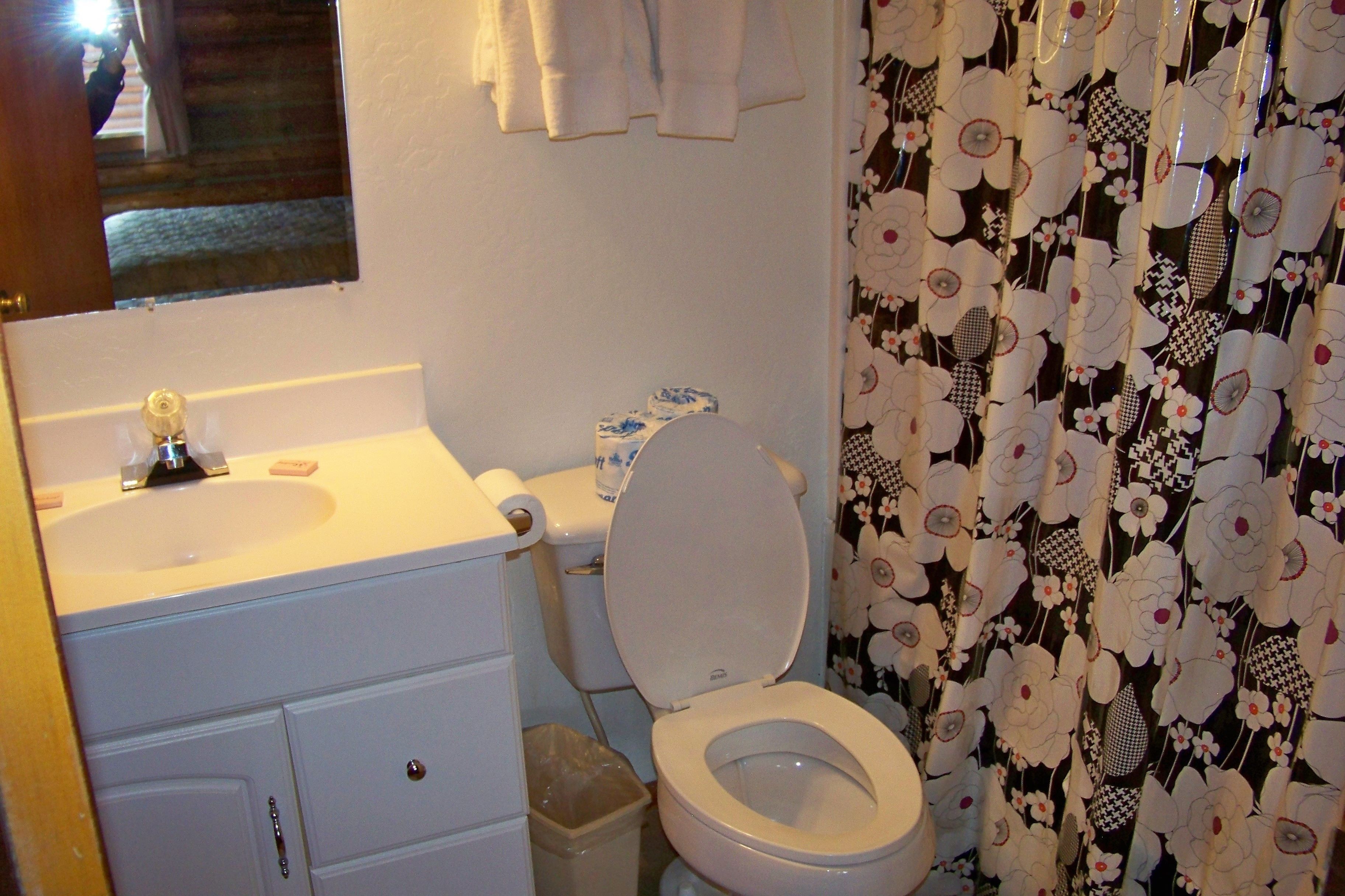 Ein Badezimmer mit Toilette, Waschbecken und einer Duschvorhang mit floralem Muster.