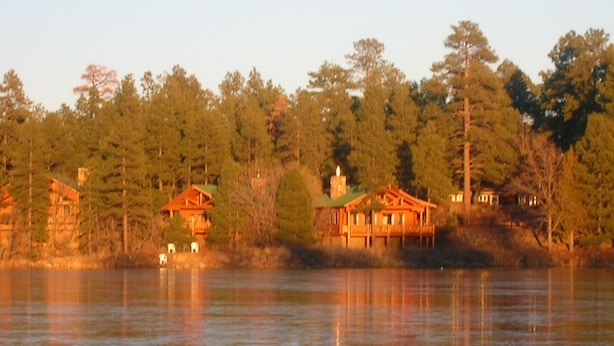 A lakeside cabin with a wooden deck and a large window, surrounded by dense trees. - Lake of the Woods Resort (Lakeside)
