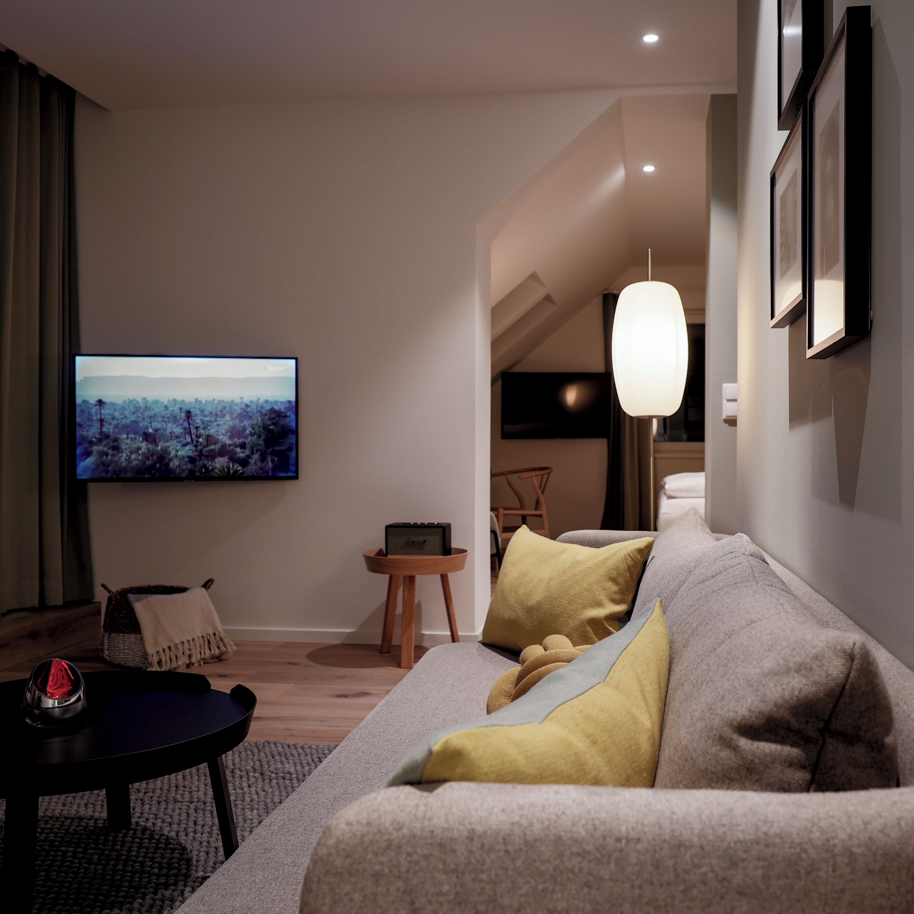 deluxe suite | living area | 65-inch flat-screen tv with satellite channels, tv, books