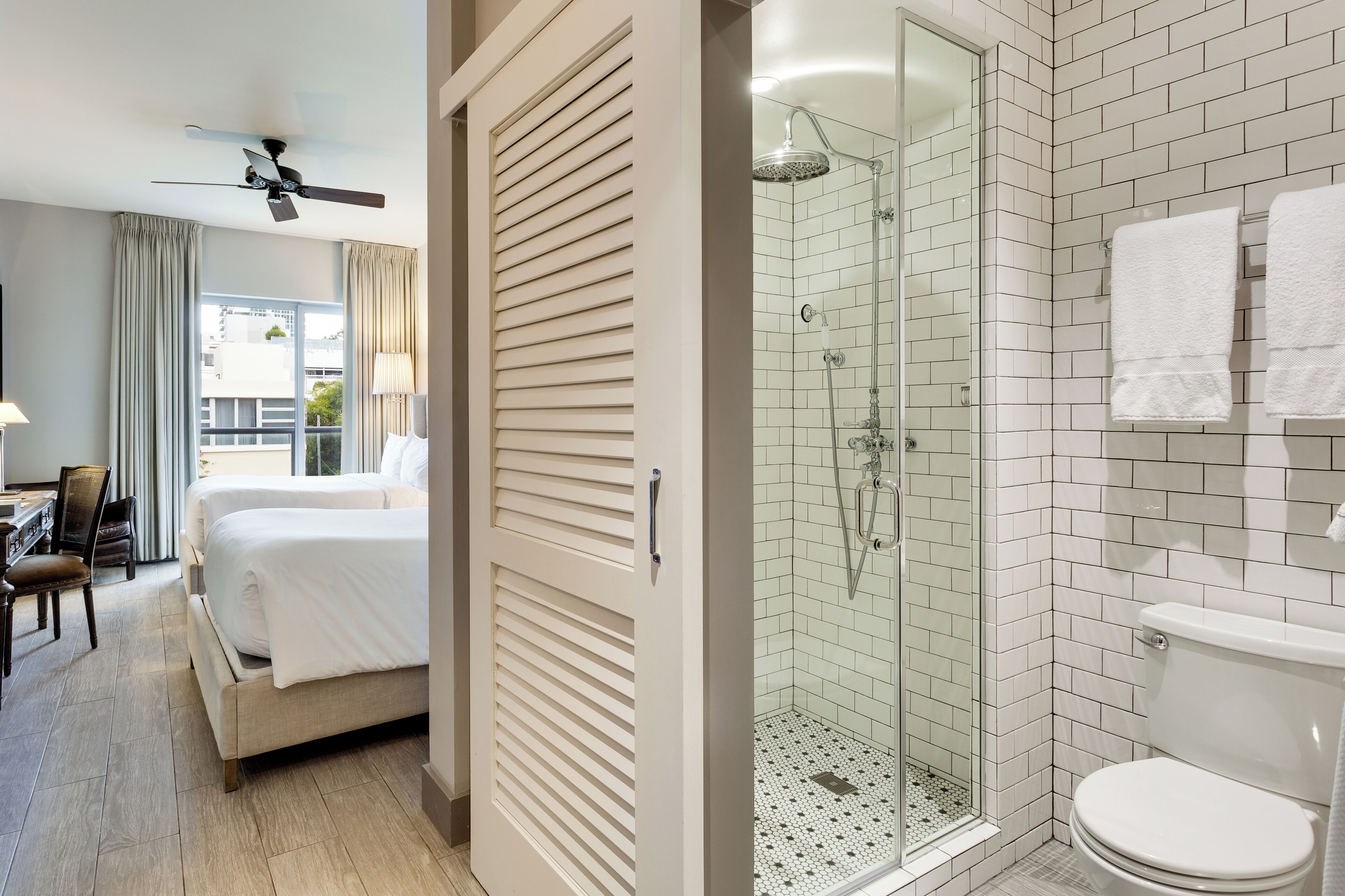 juliette, 2 double beds, balcony, pool view | bathroom | shower, rainfall showerhead, designer toiletries, hair dryer
