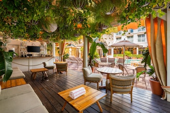 A pool area with lounge chairs, umbrellas, and potted plants. at The Plymouth South Beach