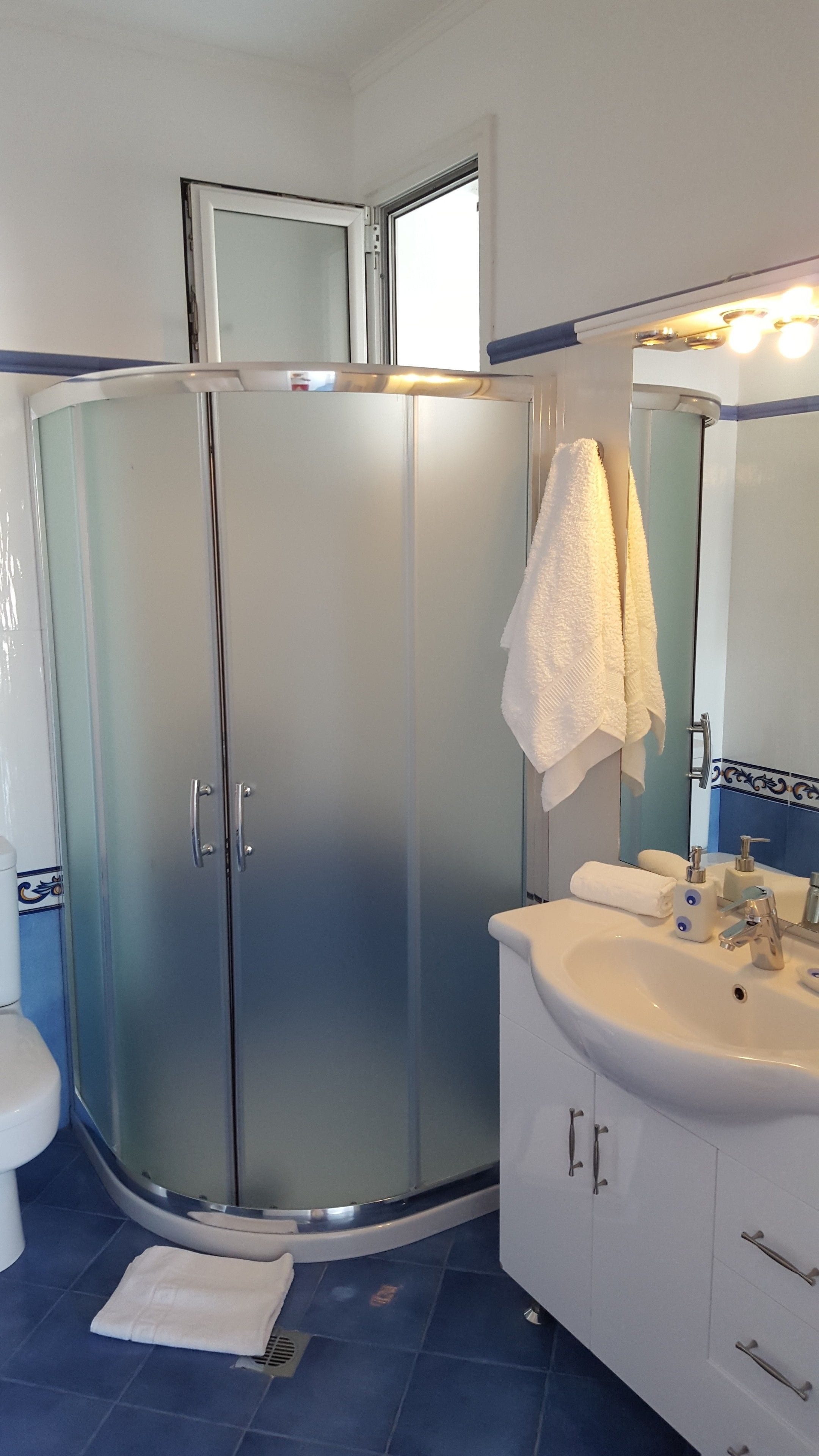 Un baño con ducha envuelta en vidrio, un lavamanos blanco con espejo y un inodoro.