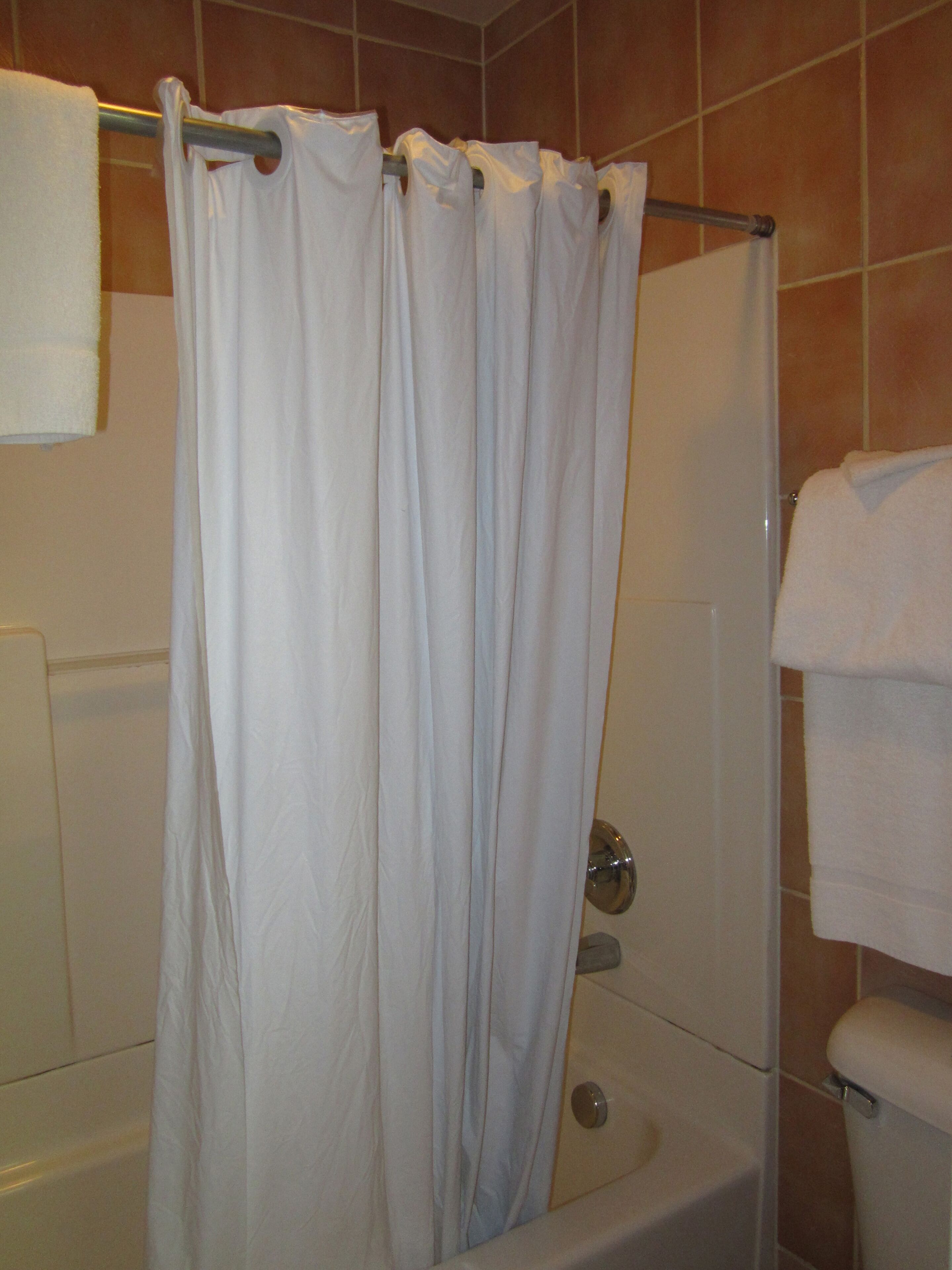 A bathroom with a shower curtain, a bathtub, and a toilet.
