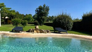 Ein klares Schwimmbecken mit zwei Liegestühlen und einer Felsformation im Hintergrund.