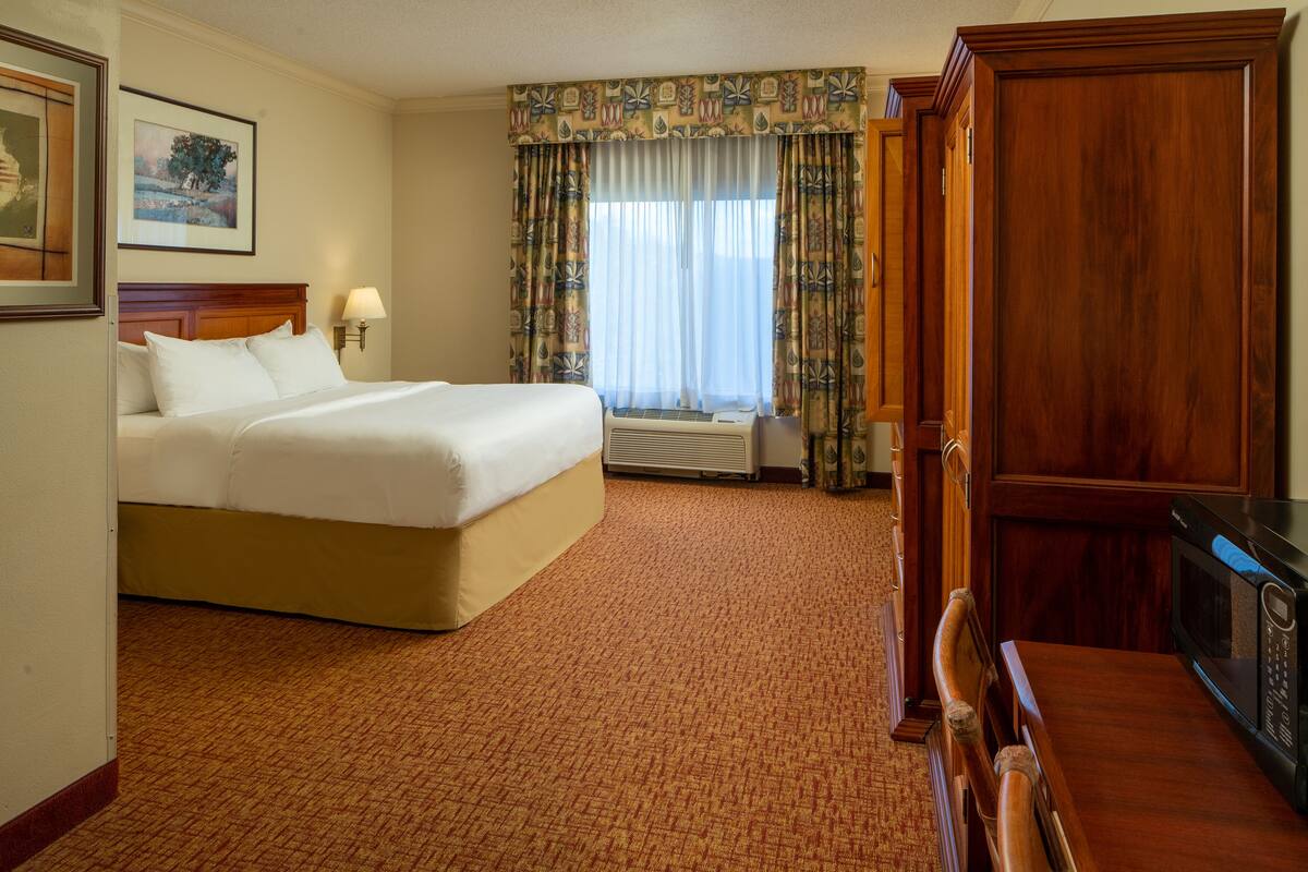 A hotel room with a bed, a desk, a chair, a microwave, and a window with curtains.