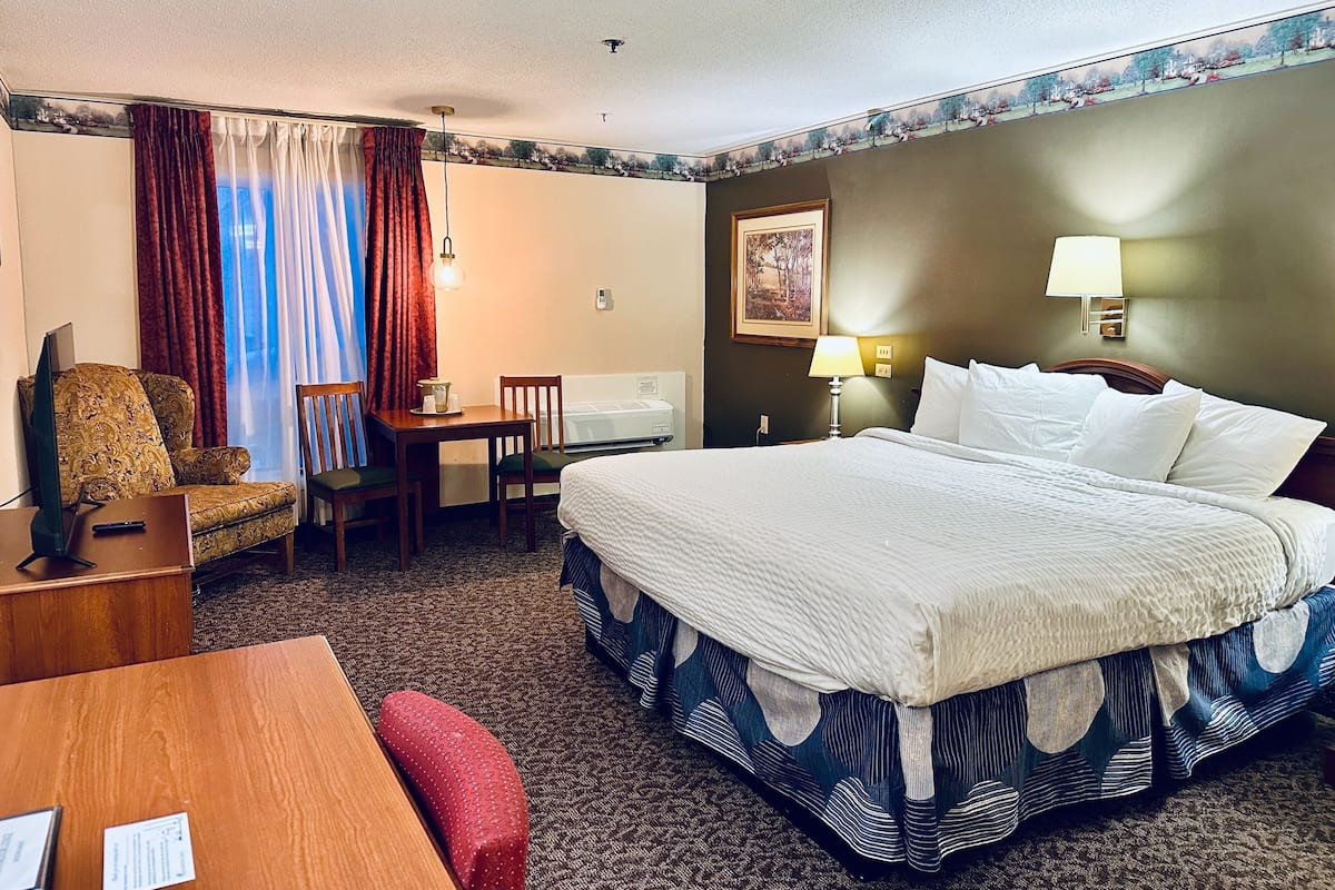 Habitación de hotel con una cama grande, un escritorio con una silla, un televisor y una ventana con cortinas.