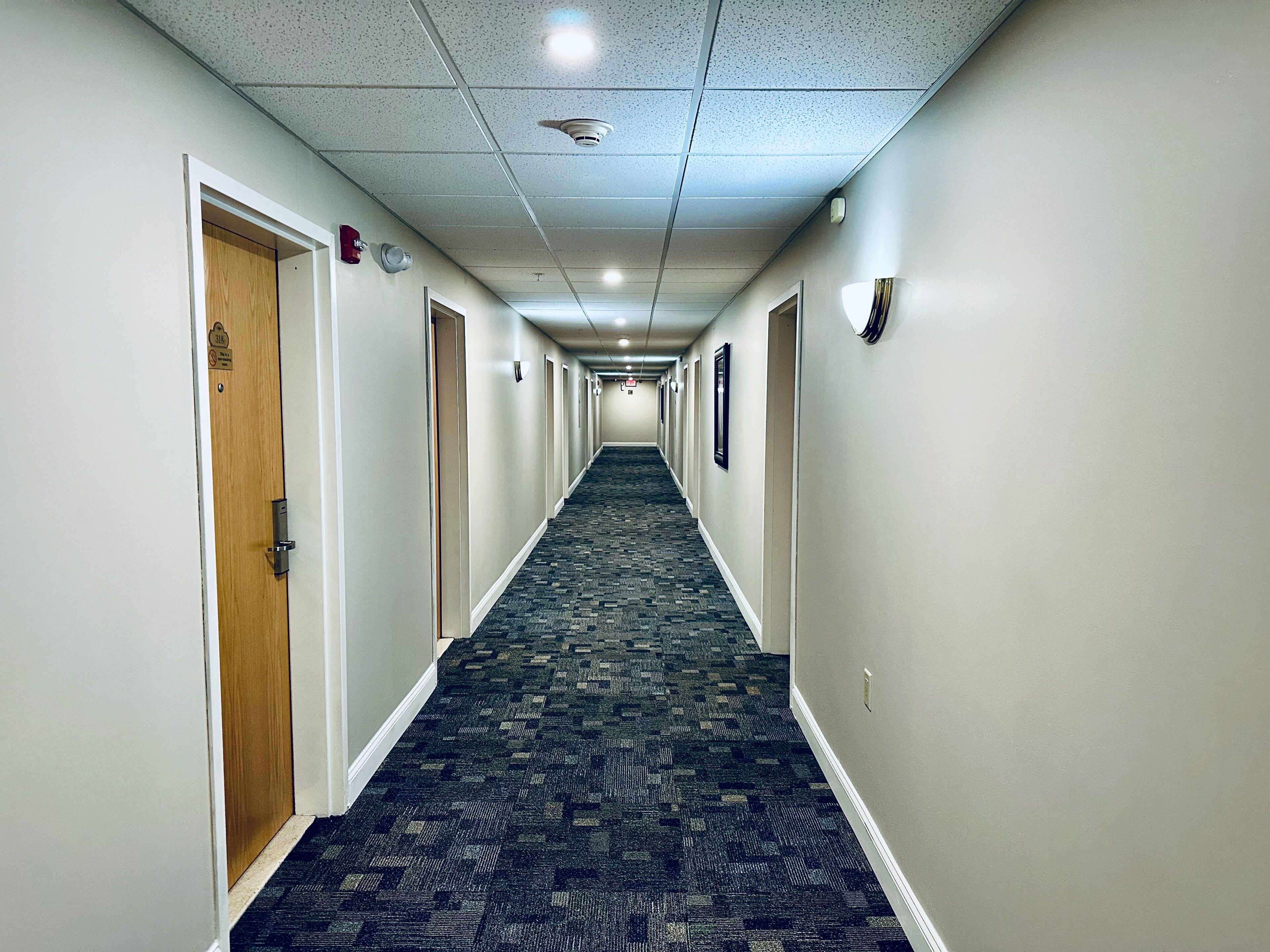 A hotel hallway with carpeted floors, doors, and wall-mounted light fixtures.