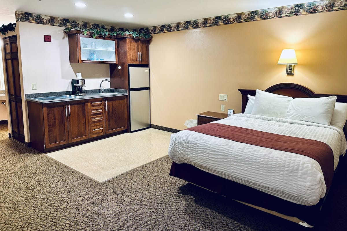 Habitación de hotel con cama, mesita de noche, pequeña cocina integrada que incluye refrigerador, cafetera y microondas.