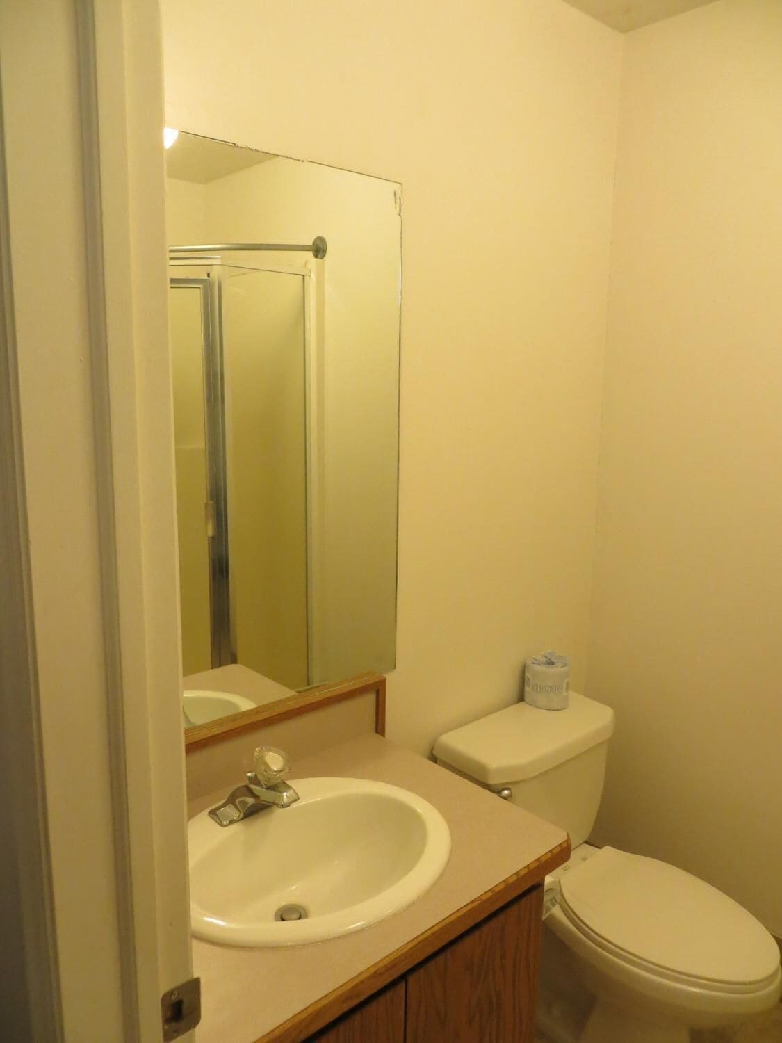 Un baño pequeño con lavamanos, espejo, inodoro y cabina de ducha.