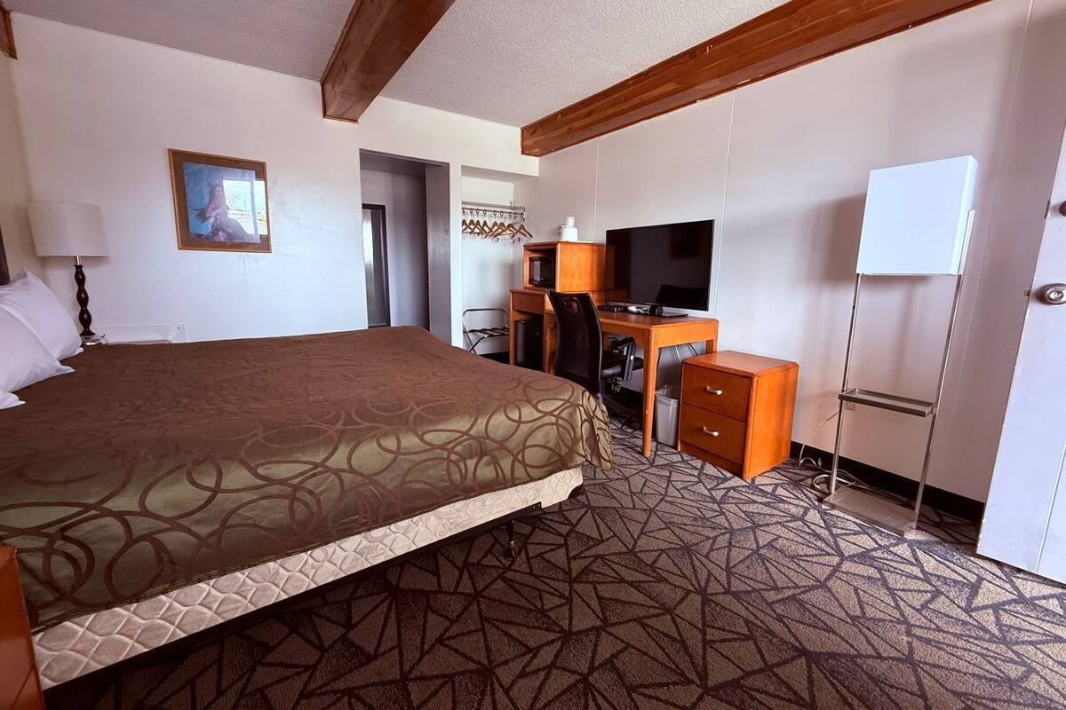 Een hotelkamer met een groot bed, een bureau met een computer, een televisie en een kledingkast.