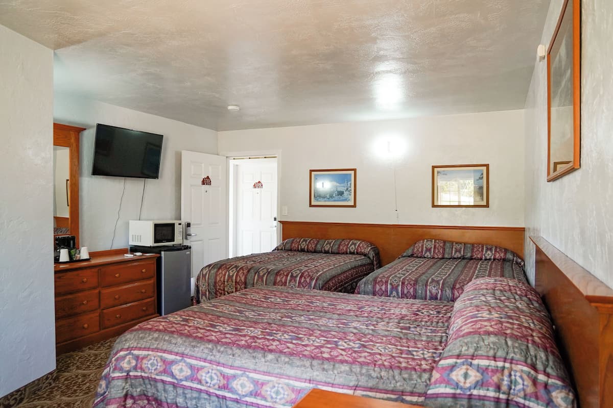 A bedroom with two beds, a dresser, a TV, and a microwave.