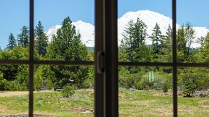 Vista a través de una ventana con un diseño de cuadrícula, mostrando una montaña nevada, árboles verdes y un campo cubierto de hierba.