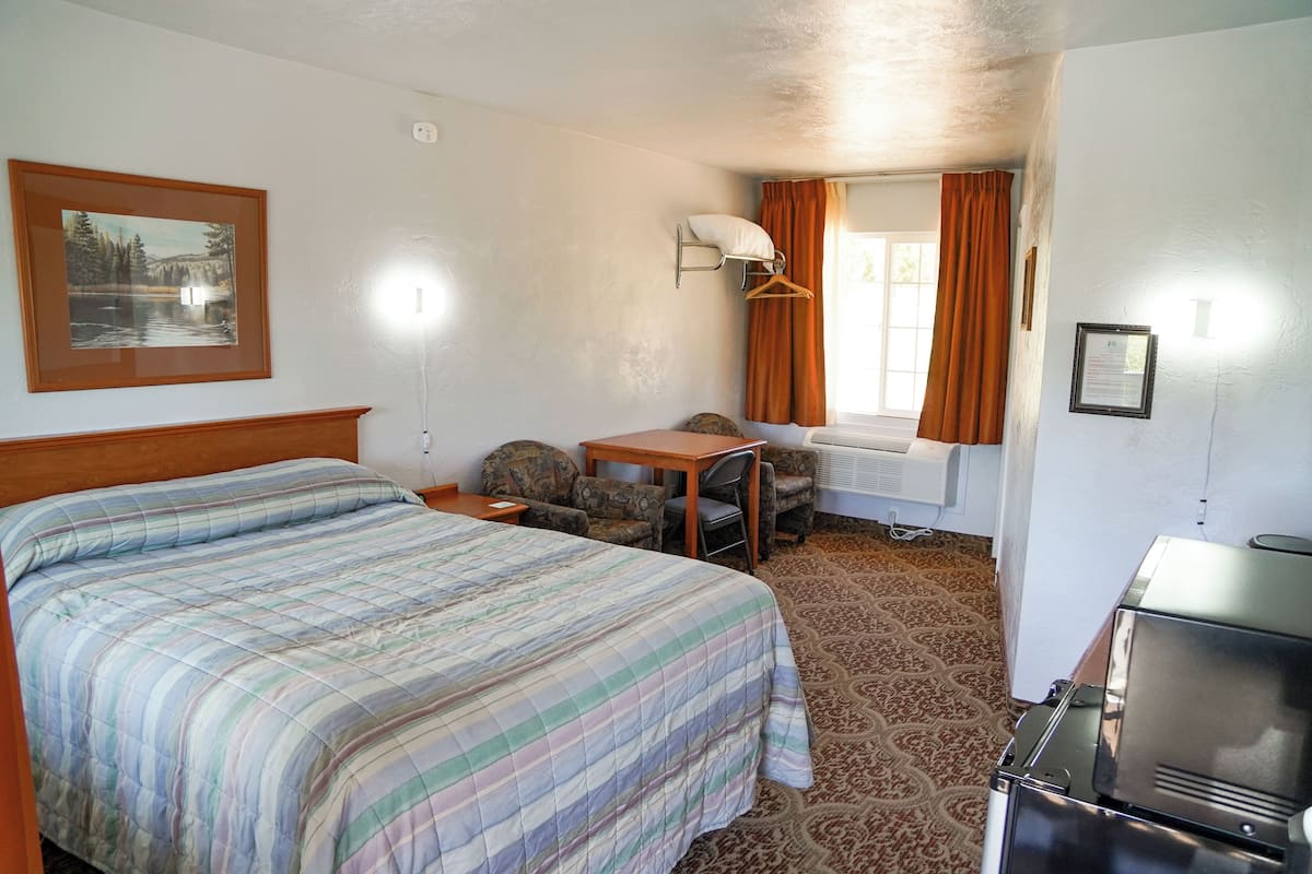A hotel room with a bed, a desk, a chair, a heater, and a picture on the wall.