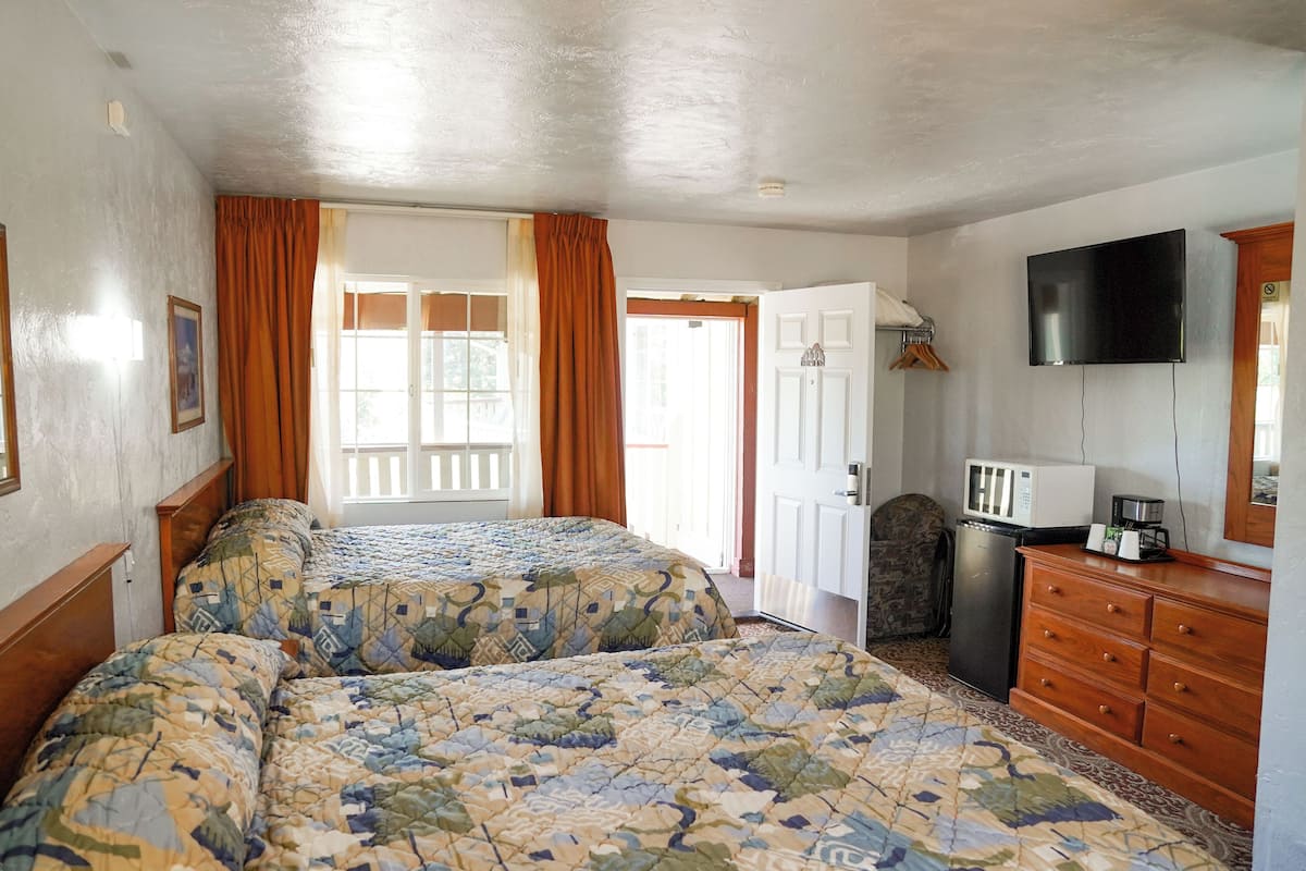 A bedroom with two beds, a television, a microwave, and a dresser.