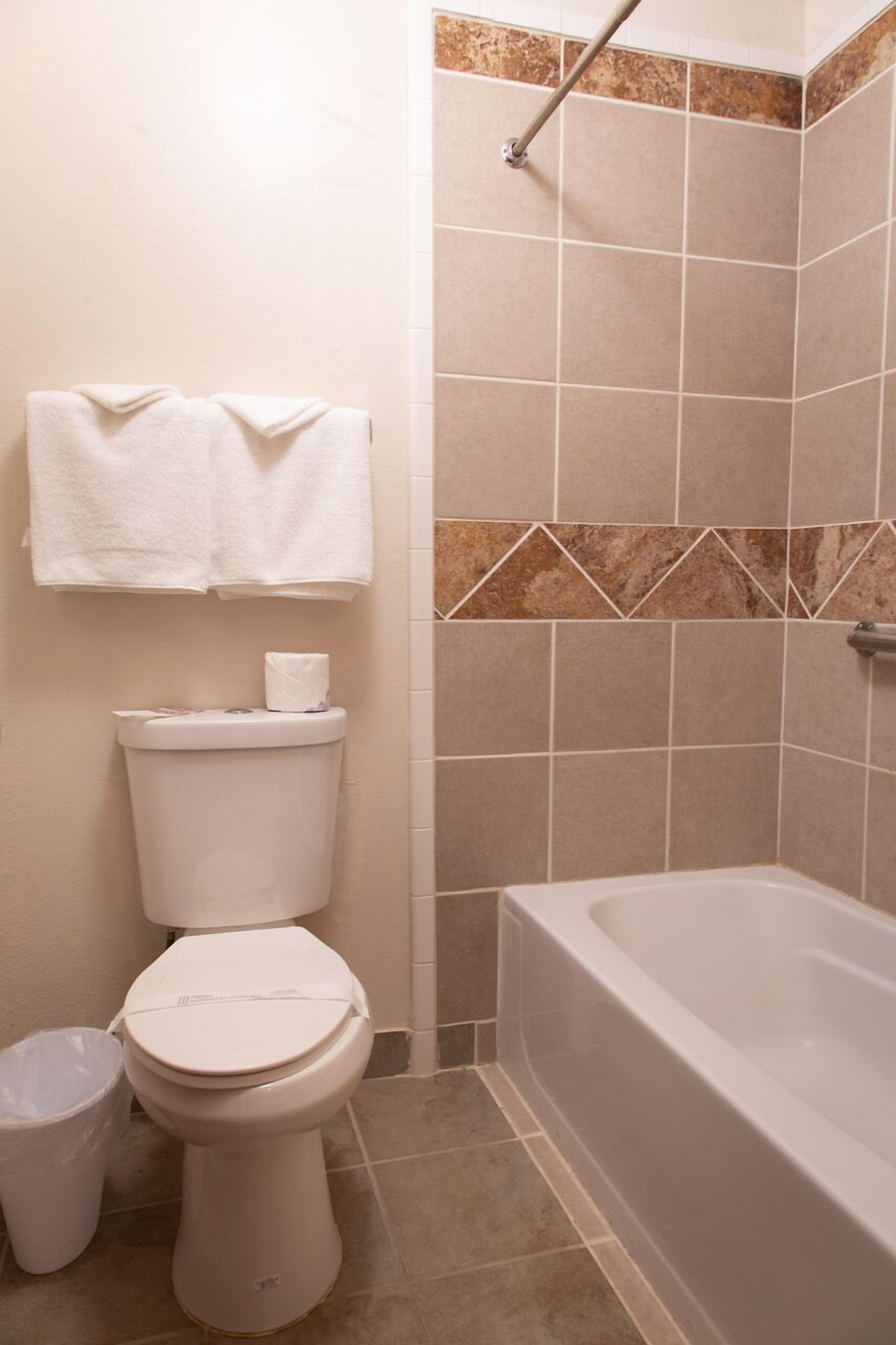 A bathroom with a toilet, a bathtub, and a shower area.