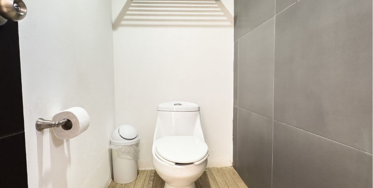 A small, modern bathroom with a toilet, a trash can, and a roll of toilet paper on the wall.