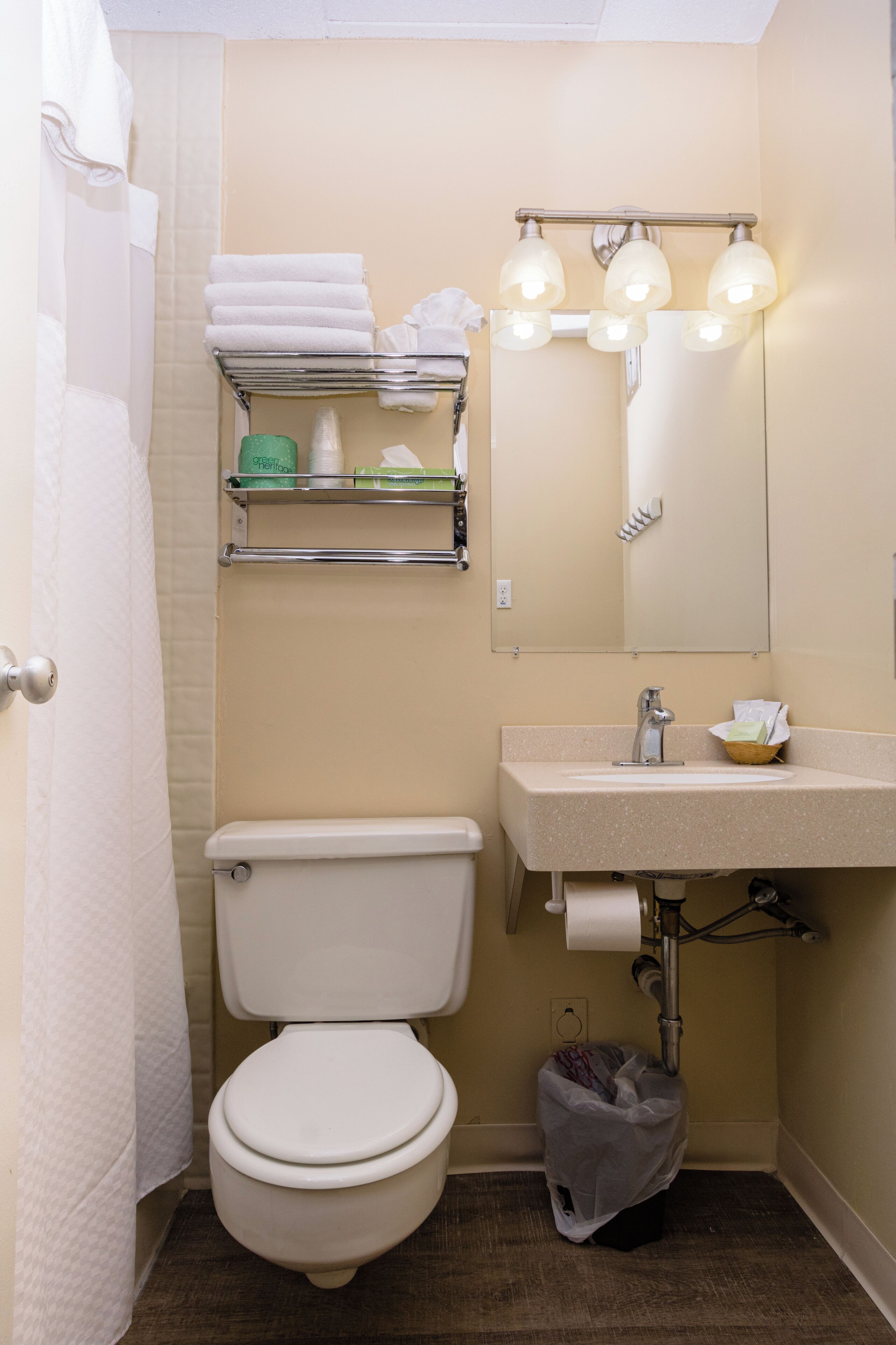 A bathroom with a toilet, sink, mirror, towel rack, and a trash bin.