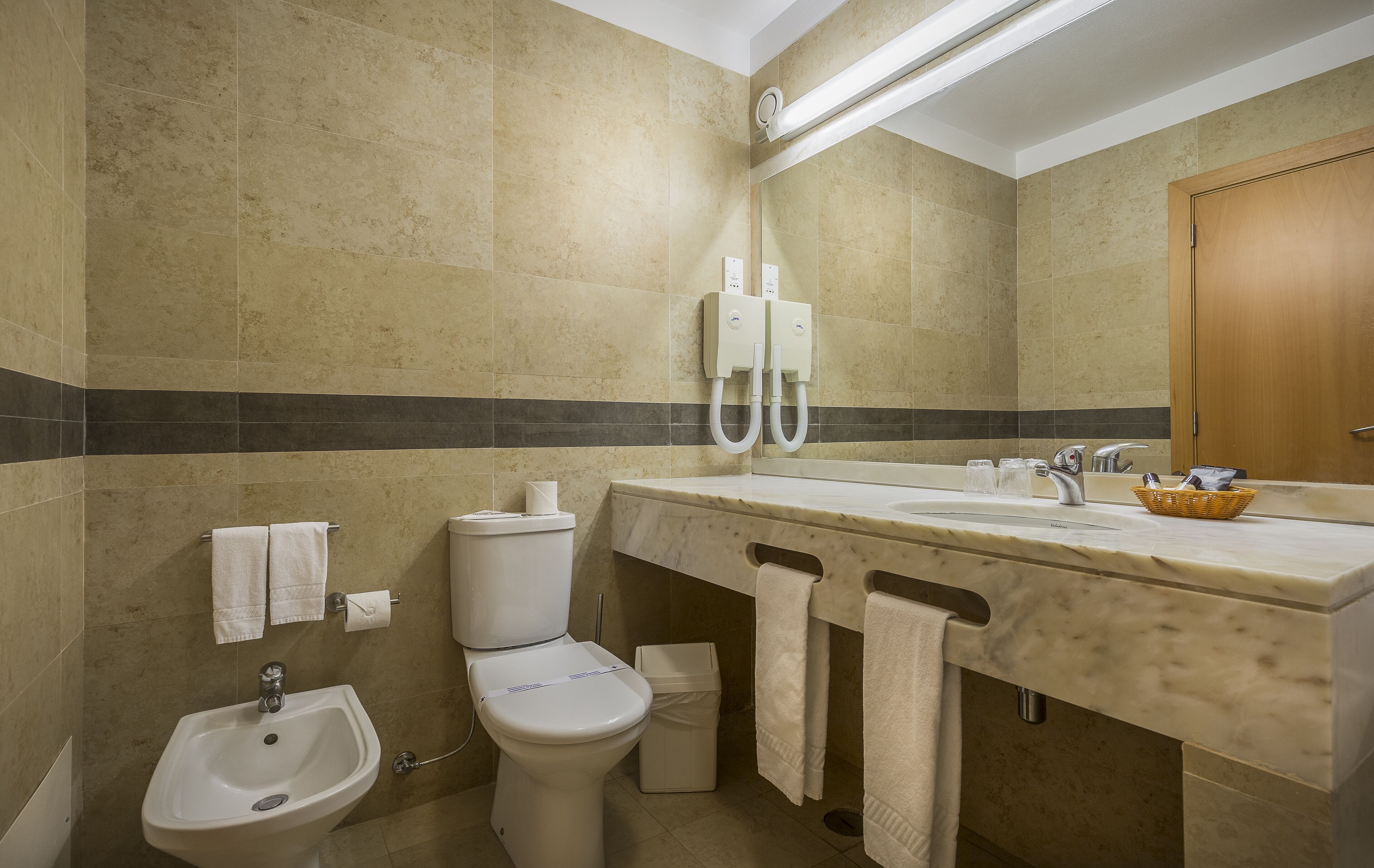 bathtub, hair dryer, bidet, towels