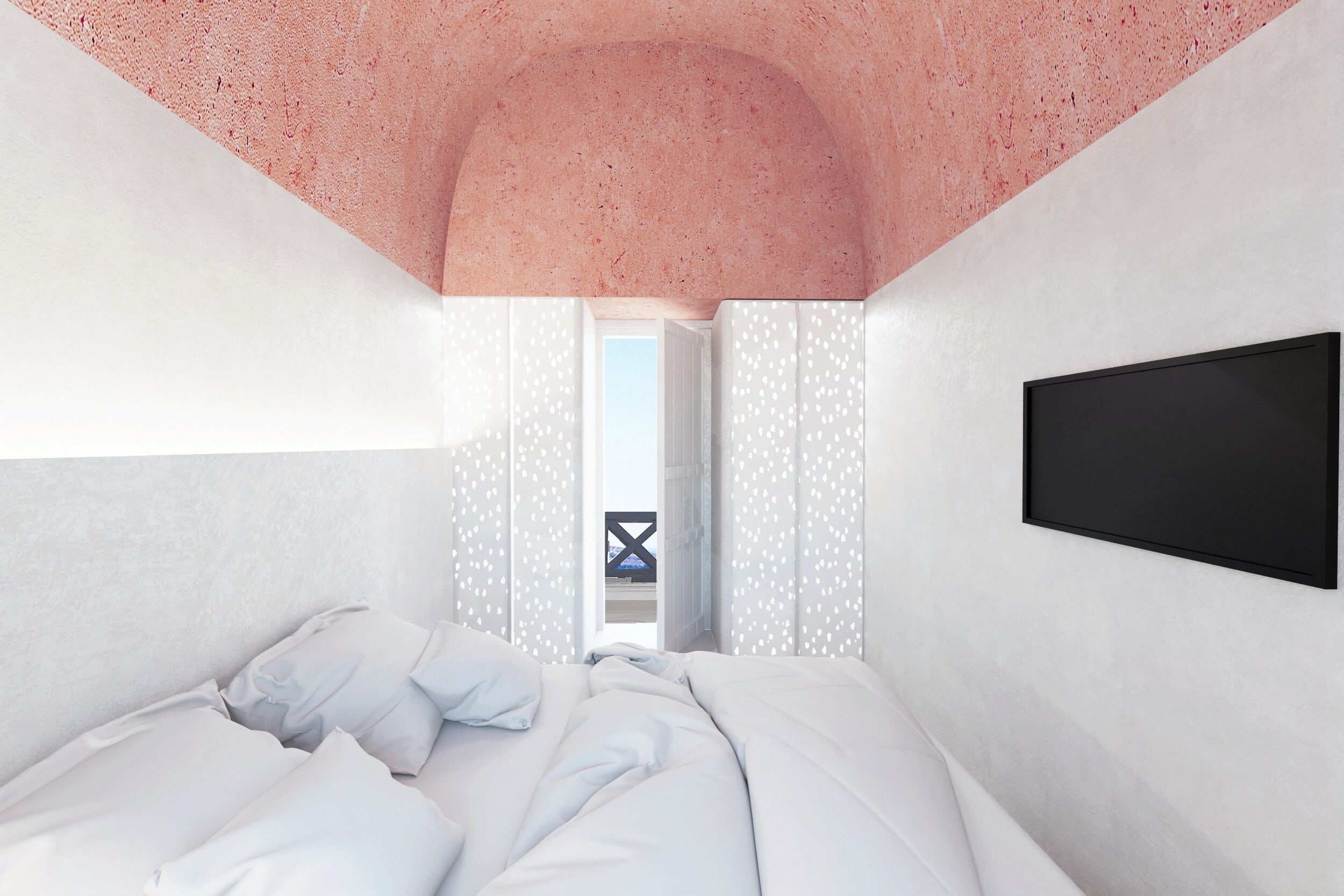 Ein Schlafzimmer mit einem Bett, einem an der Wand montierten Fernseher und Blick ins Freie durch ein Fenster.