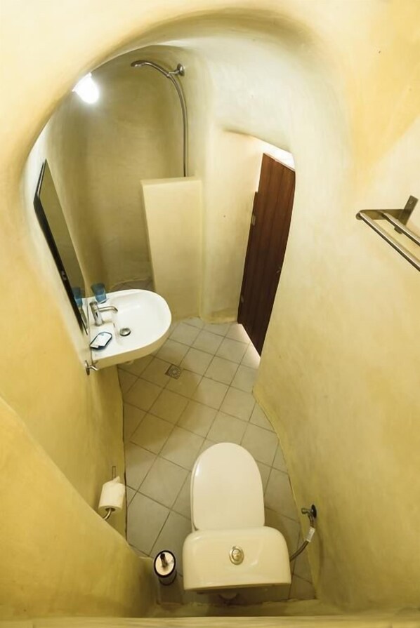 Une petite salle de bain fermée, équipée de toilettes, d’un lavabo et d’une douche.
