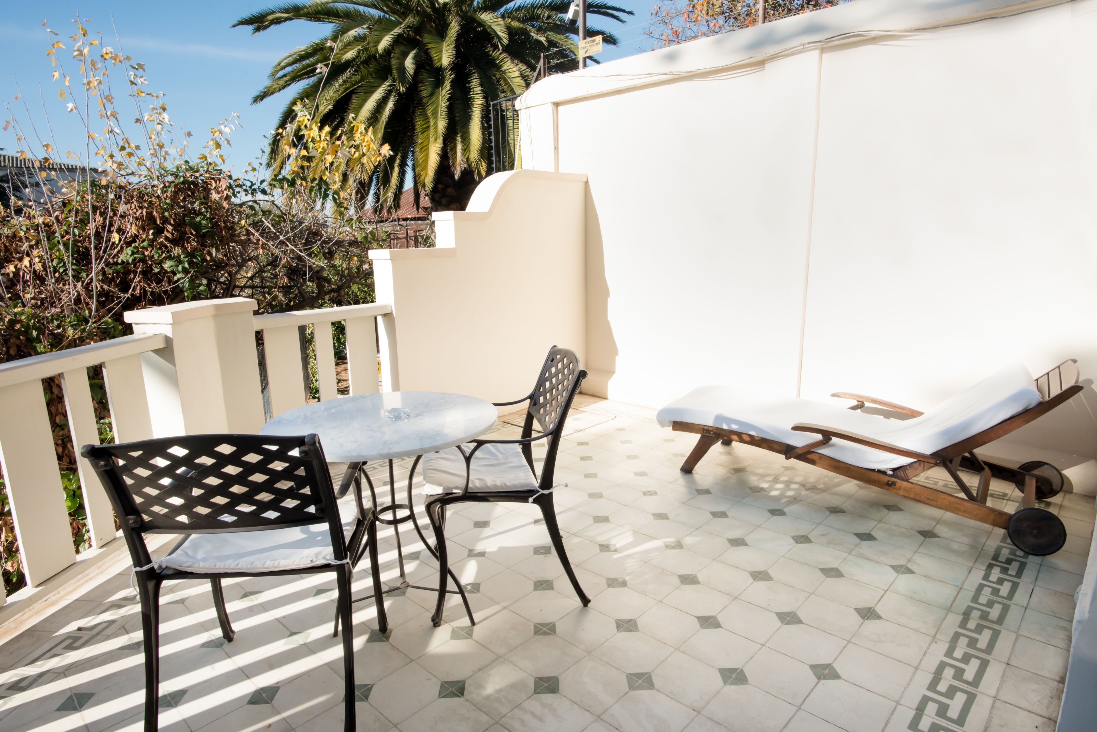 A patio with a table and two chairs, a lounge chair, and a palm tree in the background.