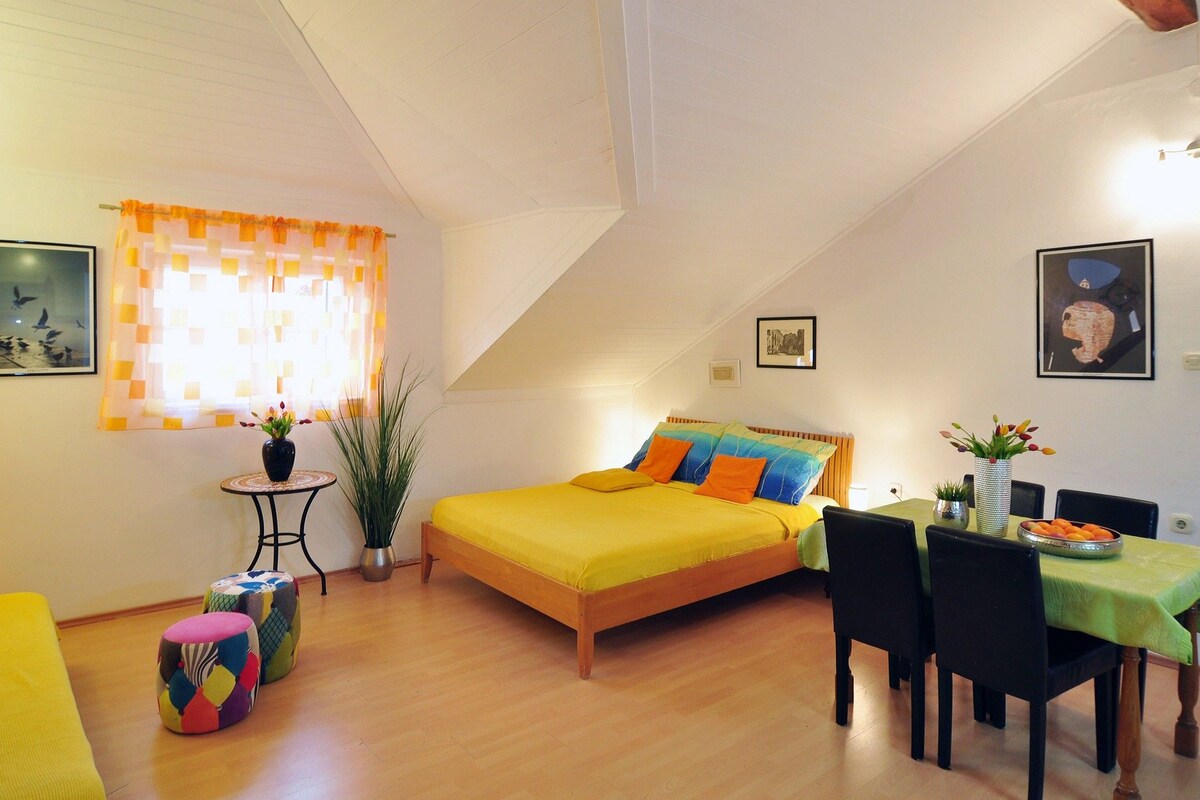 A bedroom with a bed, a dining table with chairs, a small table with a plant, and a window with curtains.