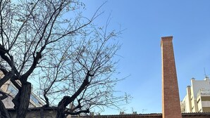 Un edificio con una alta chimenea de ladrillo, un árbol y una planta en maceta.