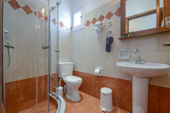 A bathroom with a glass shower enclosure, a toilet, a sink, and a mirror. - Hotel Anixis (Naxos)