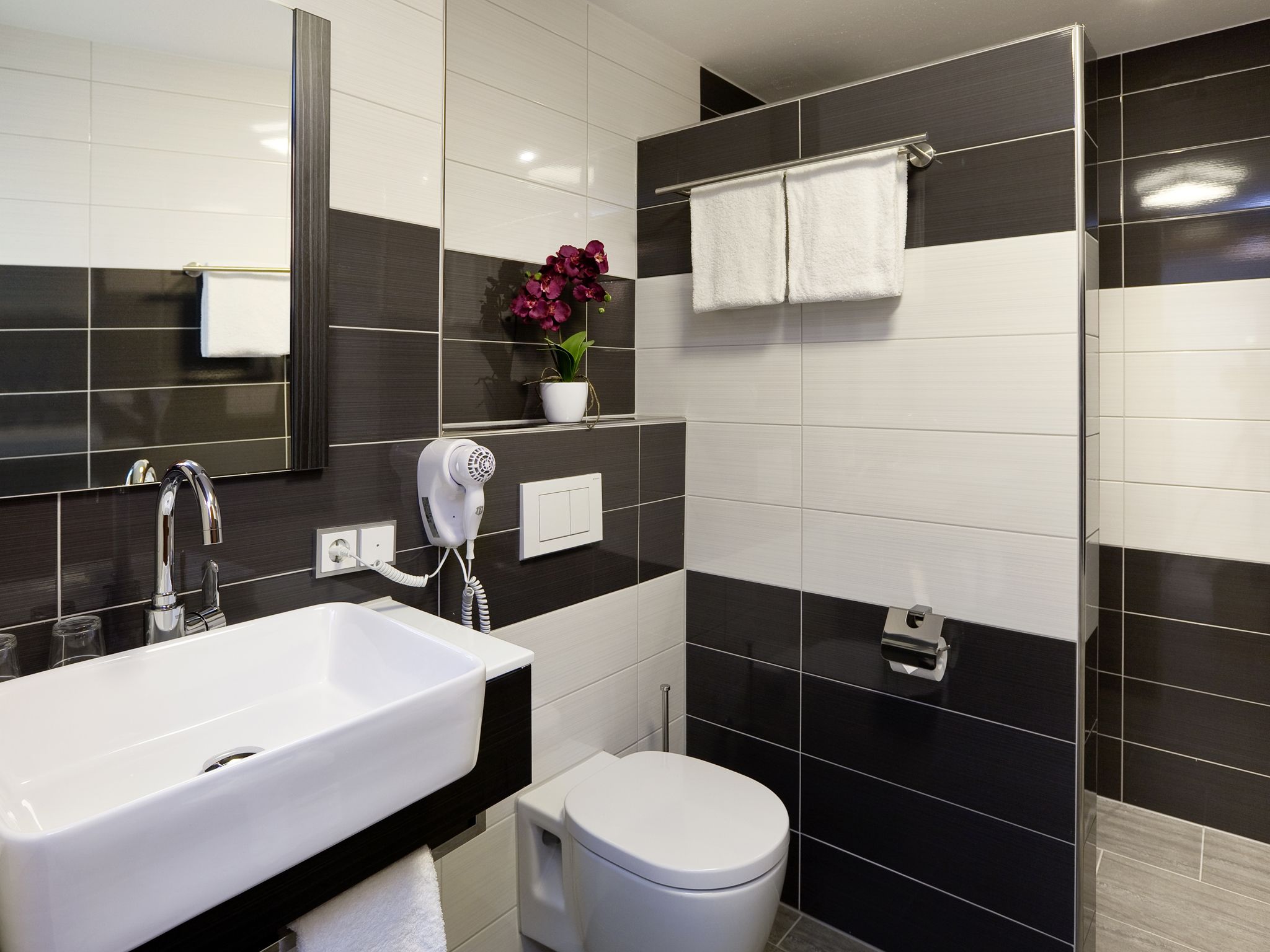 hair dryer, towels, soap, shampoo