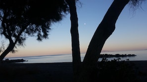 A beach scene with trees and a calm sea. - Villa Gambas (Santorini)