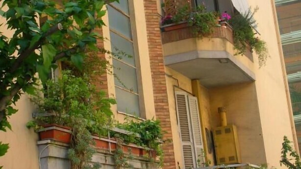 Um edifício de vários andares com varandas decoradas com plantas e flores em vasos.