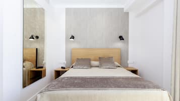 Un dormitorio moderno con una cama grande, dos mesitas de noche, un espejo y dos lámparas de pared.