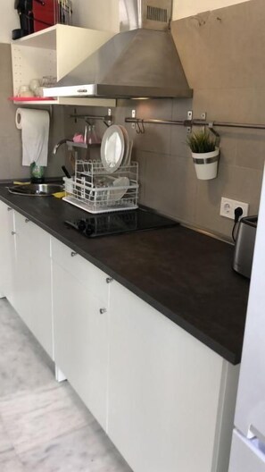 Una cocina con lavavajillas, un lavabo y una estufa. Hay una planta colgante y una repisa con utensilios de cocina.