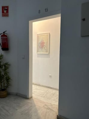 A hallway with a fire extinguisher, a potted plant, and a framed artwork on the wall. - The Spot Central Hostel (Seville)