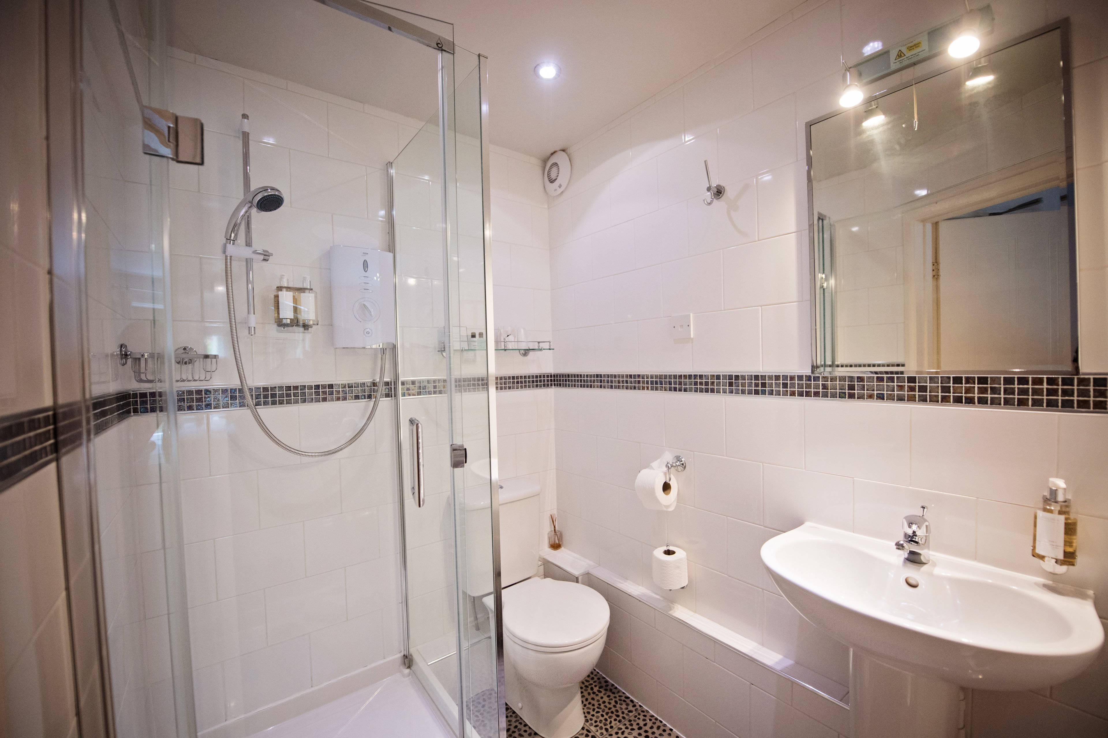 A modern bathroom with a glass-enclosed shower, a white toilet, a sink, and a mirror.