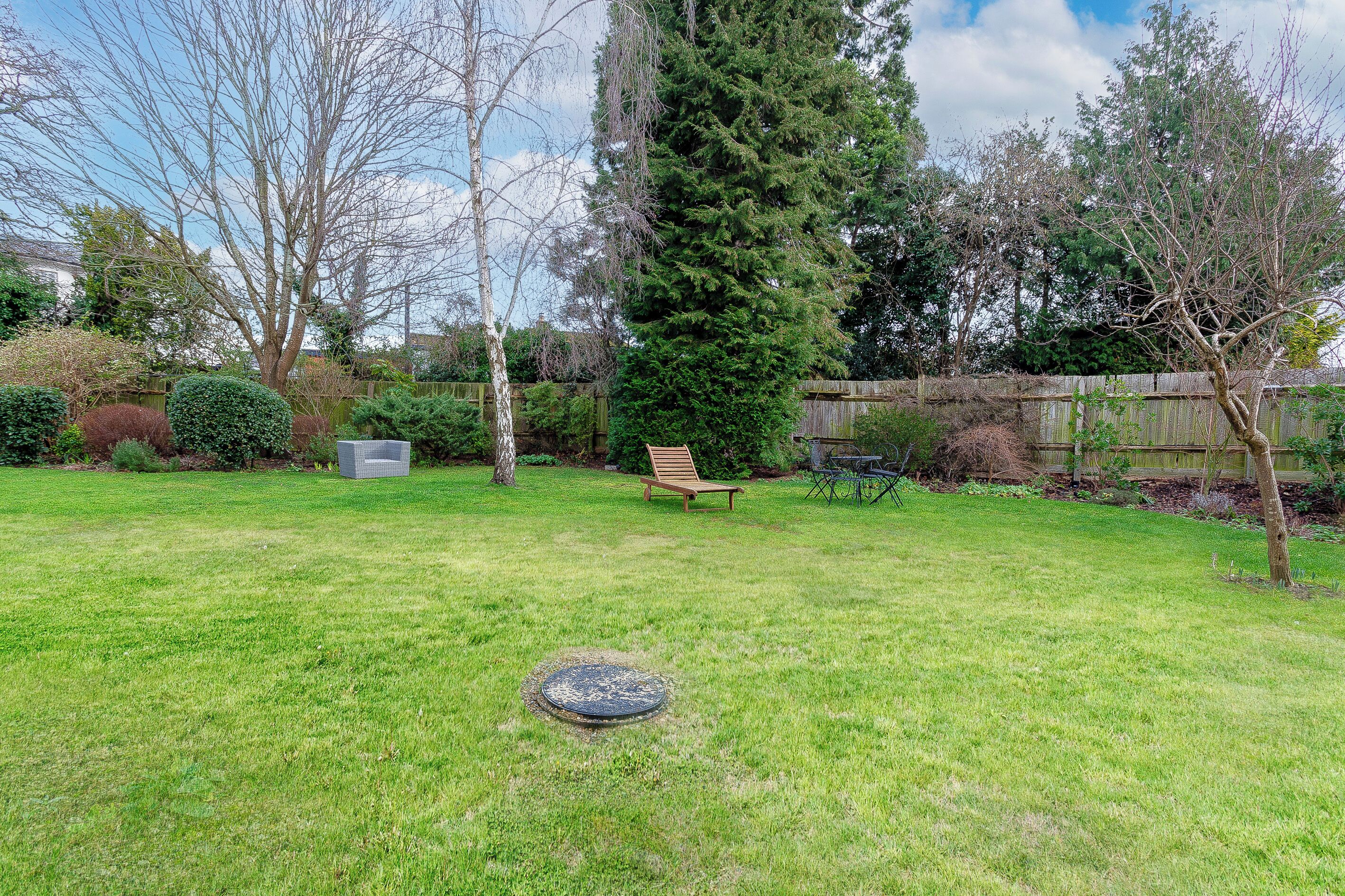 A backyard with a lawn, a wooden bench, a tree, and a fence.