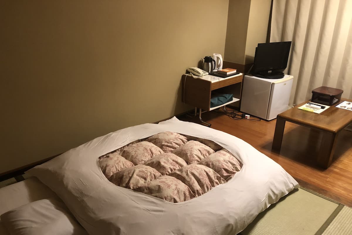 A hotel room with a bed, a desk, a television, and a refrigerator.