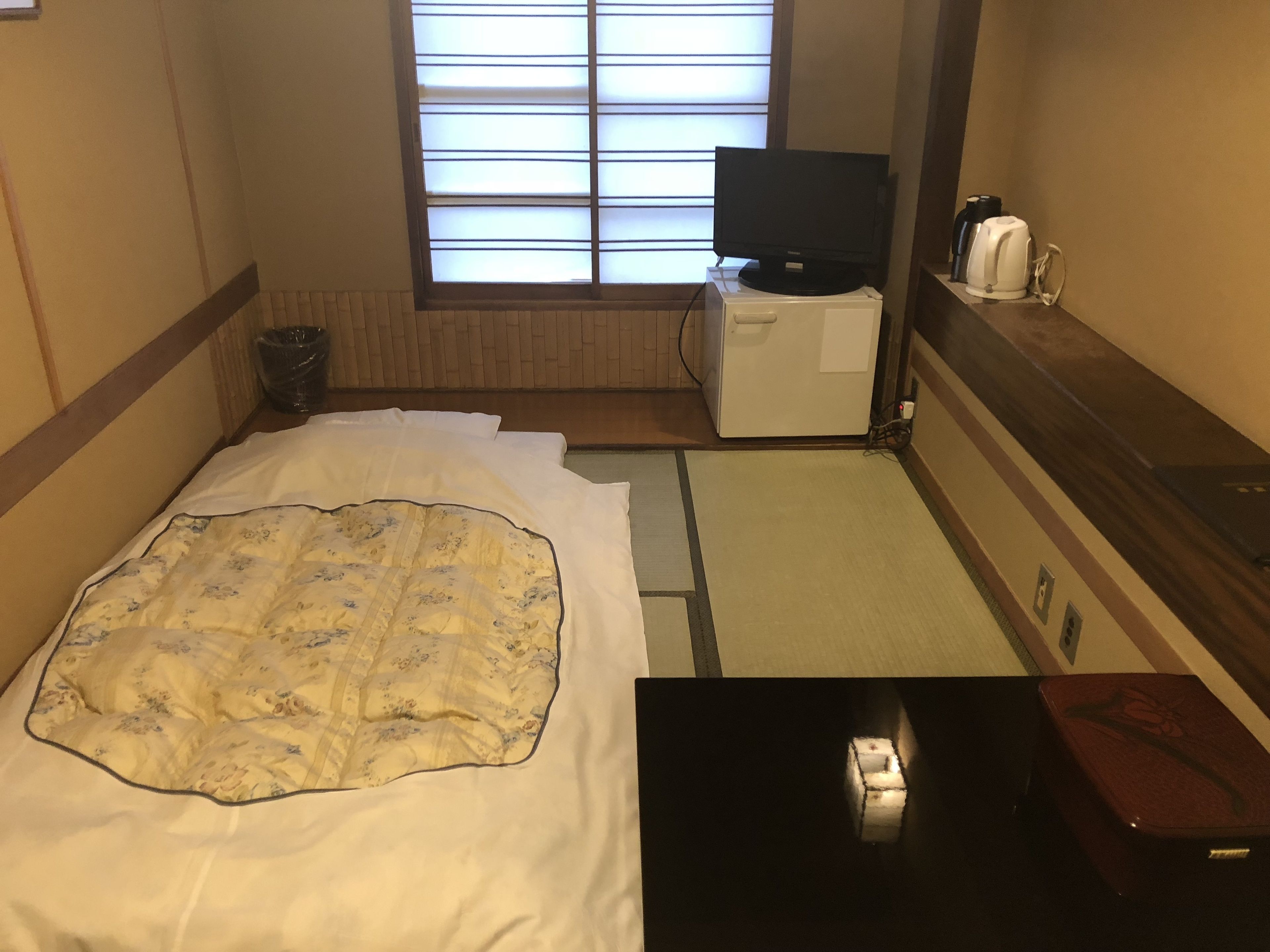 Een hotelkamer met een bed, een televisie, een kleine kitchenette en een raam met zonwering.