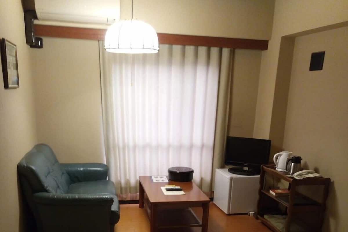 A hotel room with a bed, a sofa, a small table, a television, and a coffee maker.