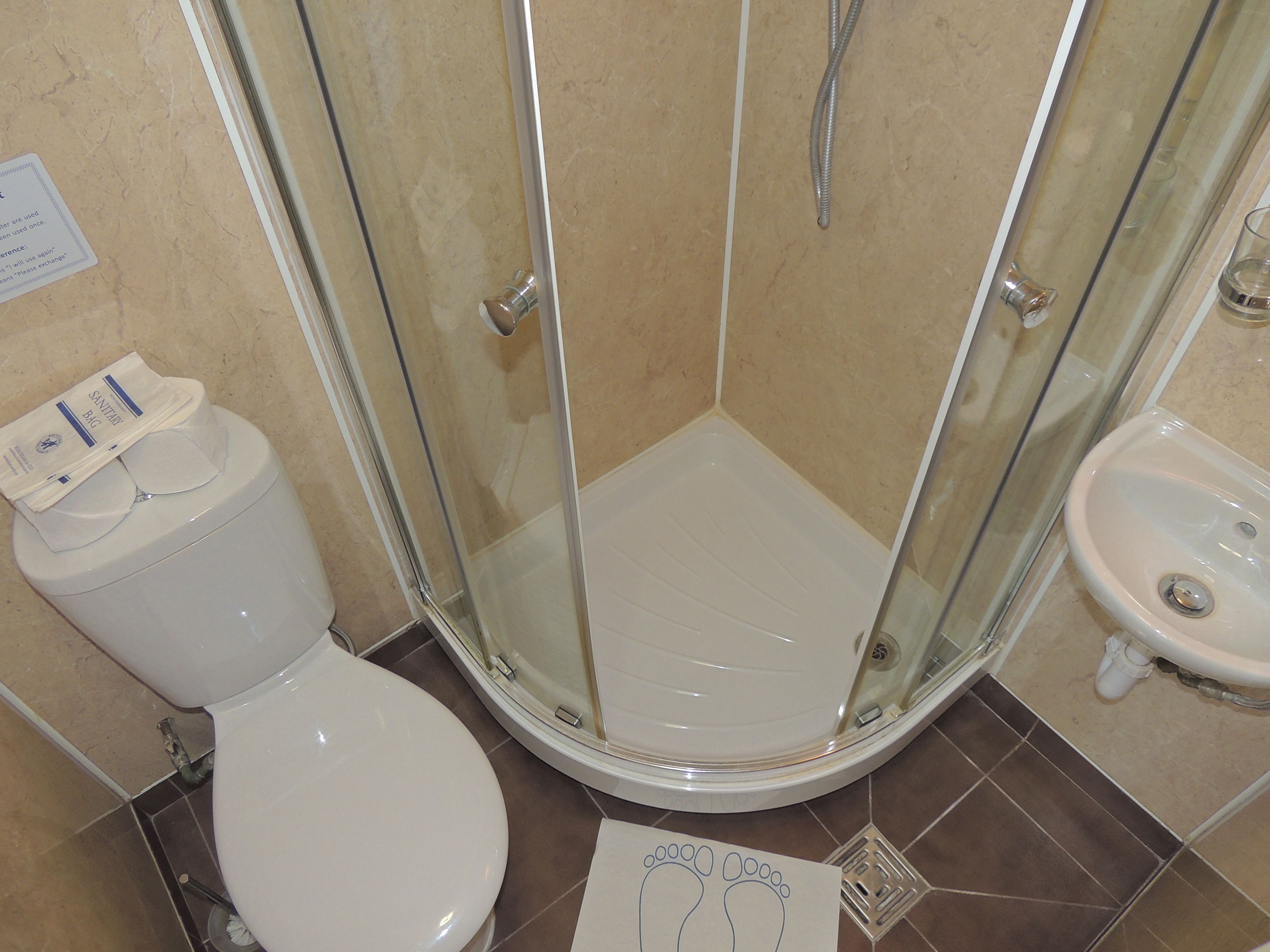 A bathroom with a glass-enclosed shower, a toilet, and a sink.