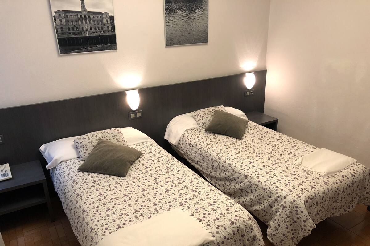 Hotellihuone, jossa on kaksi erillistä sänkyä, jokaisessa kuviollinen päiväpeite ja tyynyt, yöpöytä lampulla sekä seinään kiinnitetty valaisin.