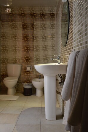 Ein Badezimmer mit Toilette, Bidet, Waschbecken und einem Handtuch an der Wand.