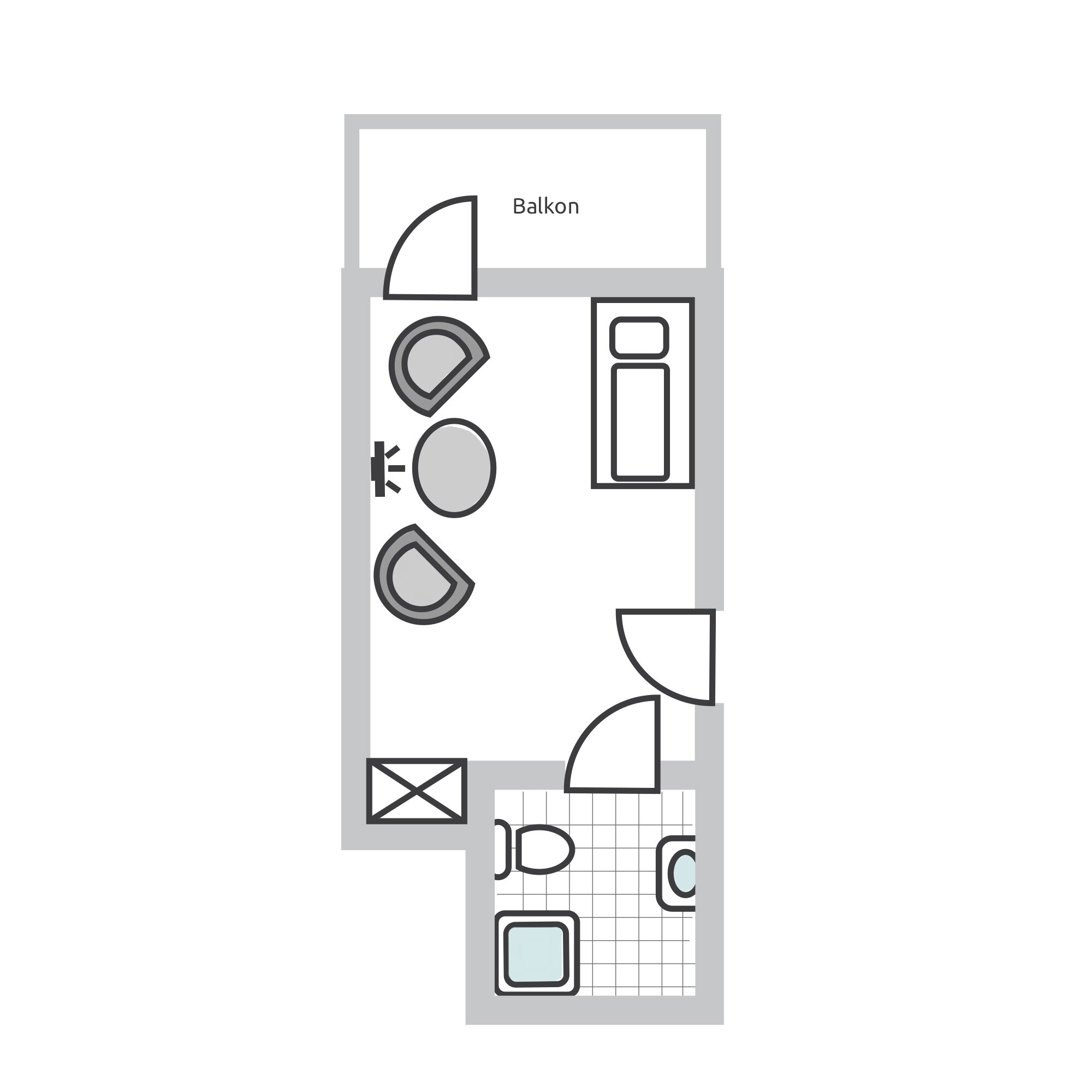 Ein Grundriss mit Balkon, Küchenbereich und Essplatz.