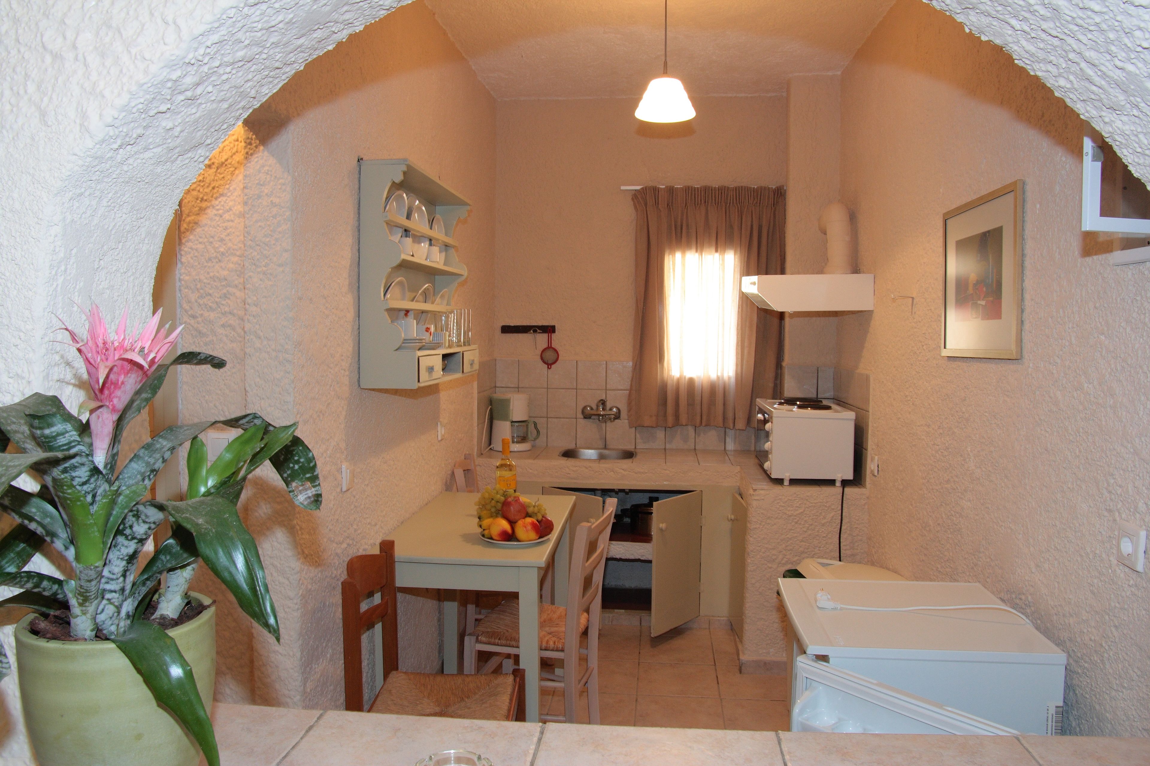 Una cocina compacta con comedor, una planta en maceta y un refrigerador.