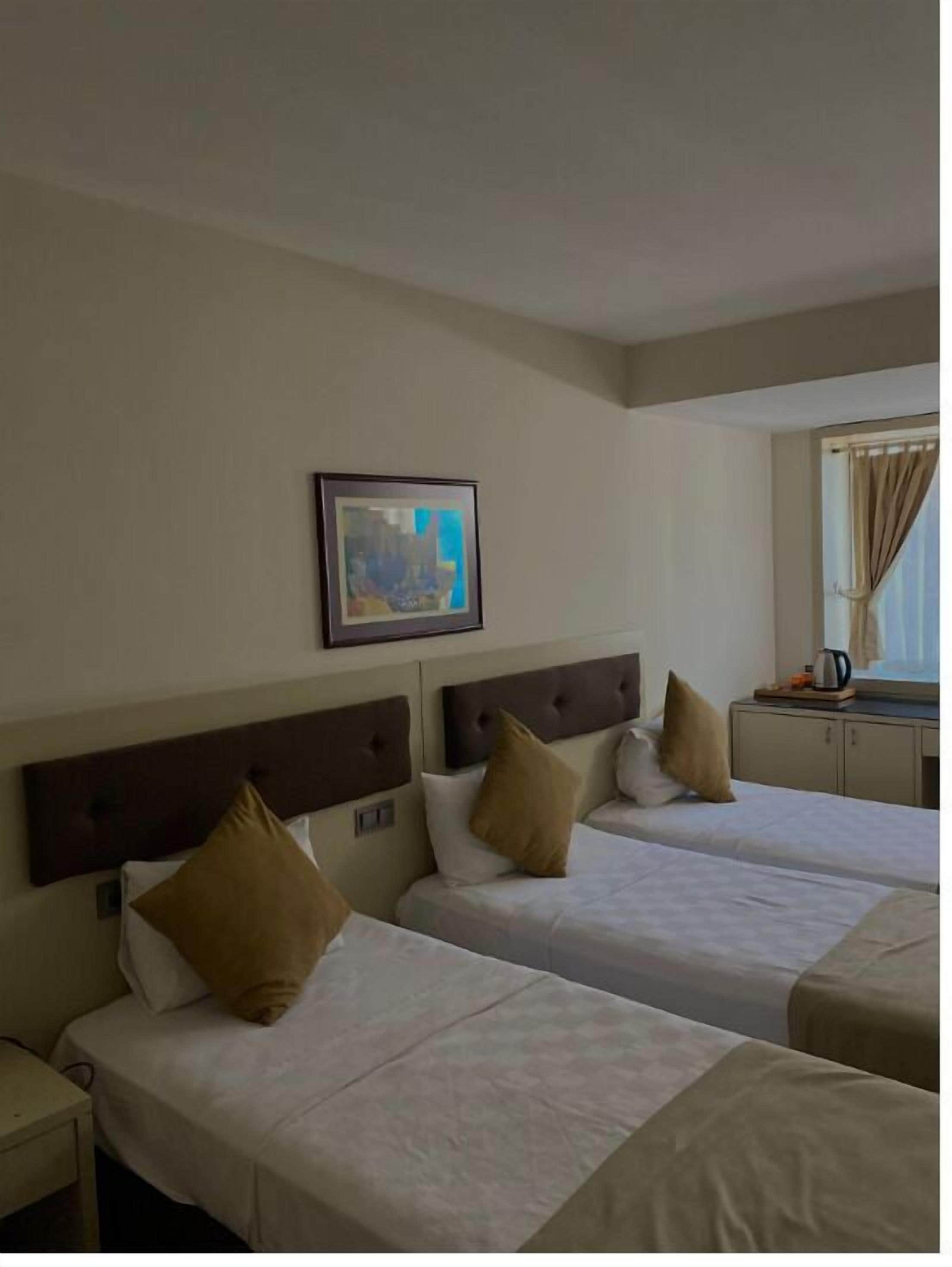 Een hotelkamer met twee bedden, een nachtkastje, een raam met gordijnen en een schilderij aan de muur.
