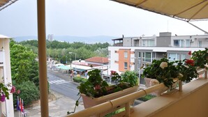 A balcony with potted plants, a view of a street with buildings, and a clear sky. - Hotel Belleville (Nessebar)